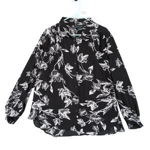 Faith & Zoe Women's Plus Size 2X Black White Floral Sheer Button Up Blouse Top
